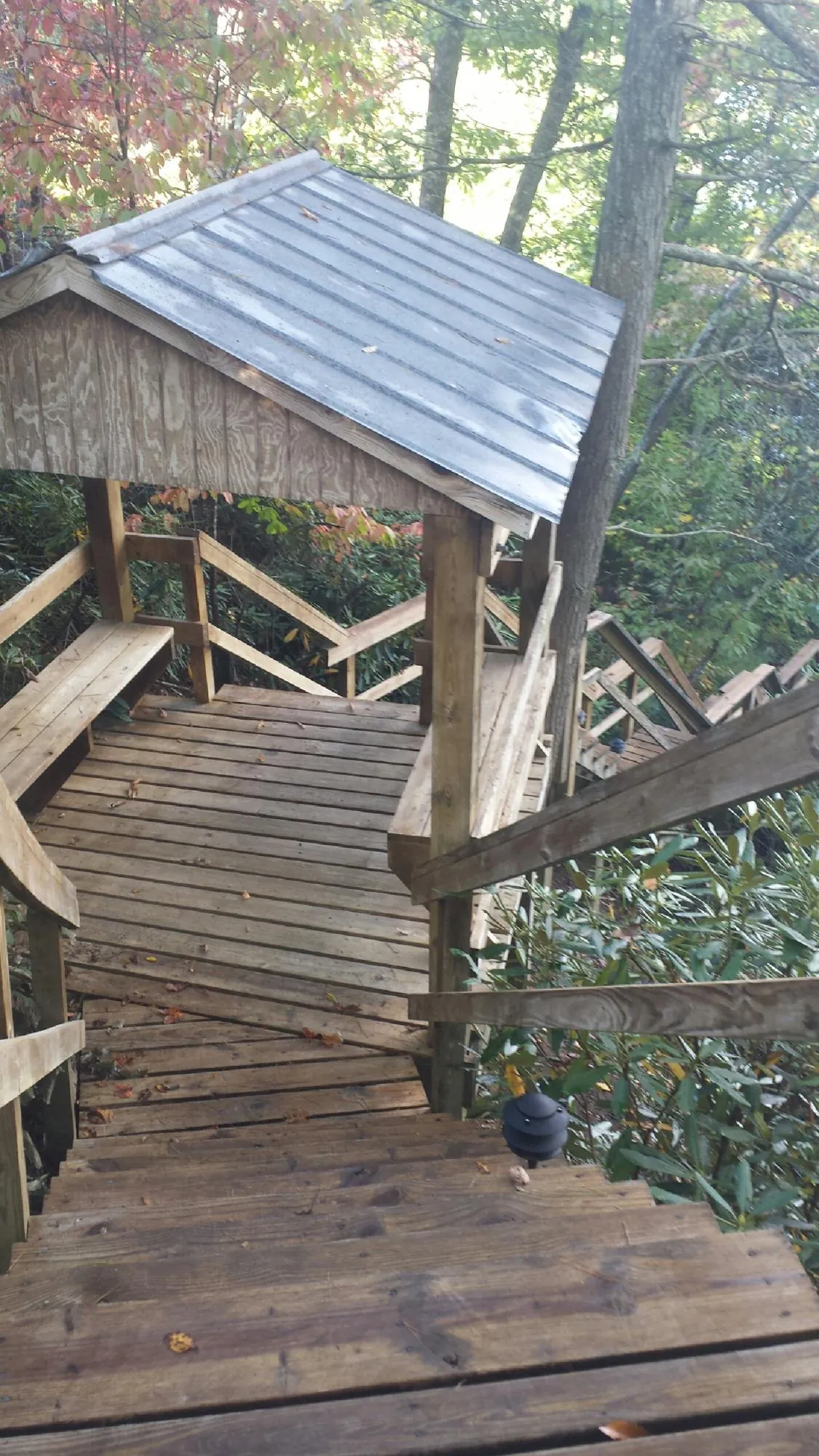 Metal roofed shelter over wooden steps on a wooded walkway — Skylight Repair & Installation work by our crew in Shady Cove